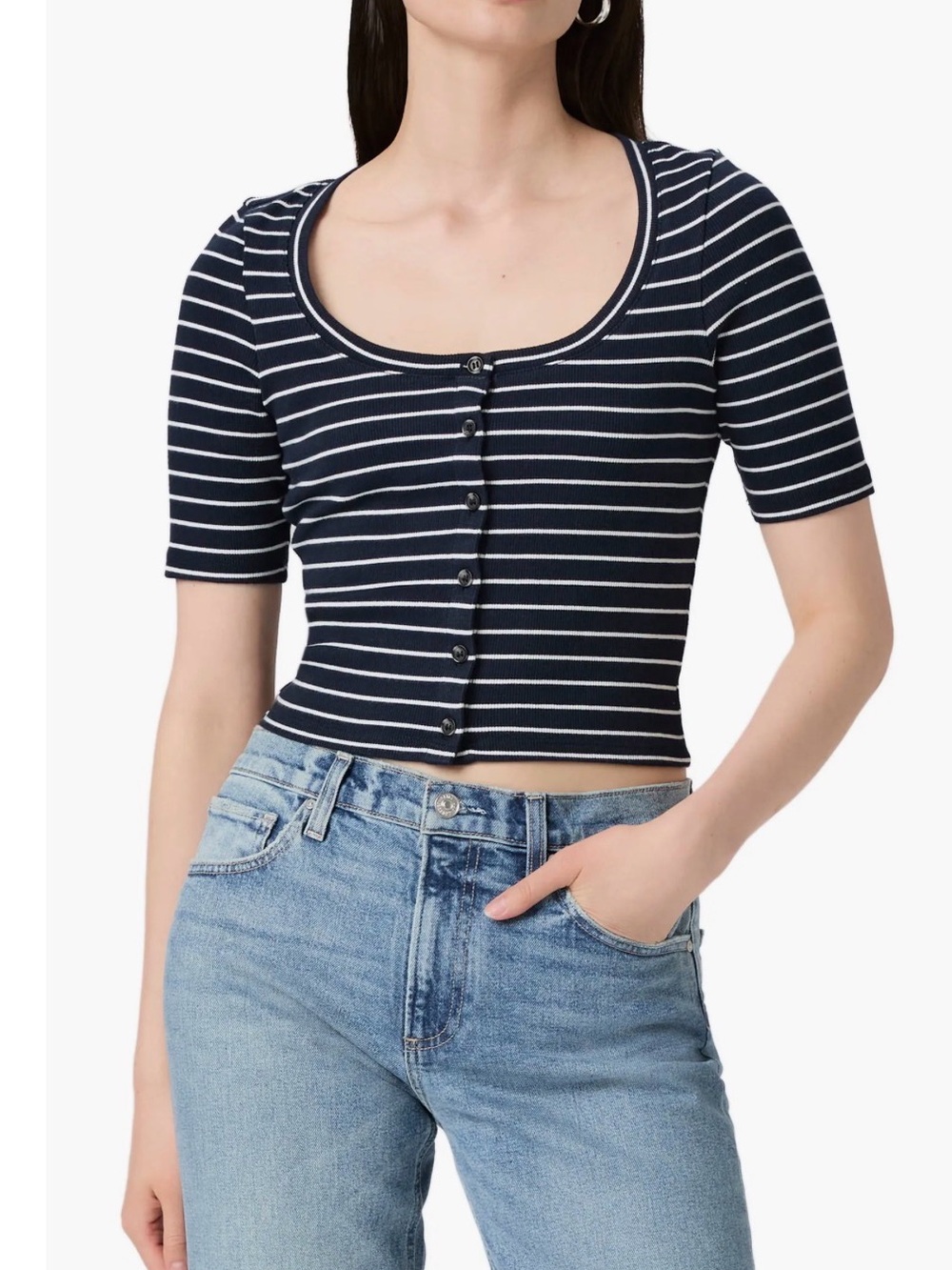 PAIGE Navy and White Striped Scoop-Neck Button Crop Top